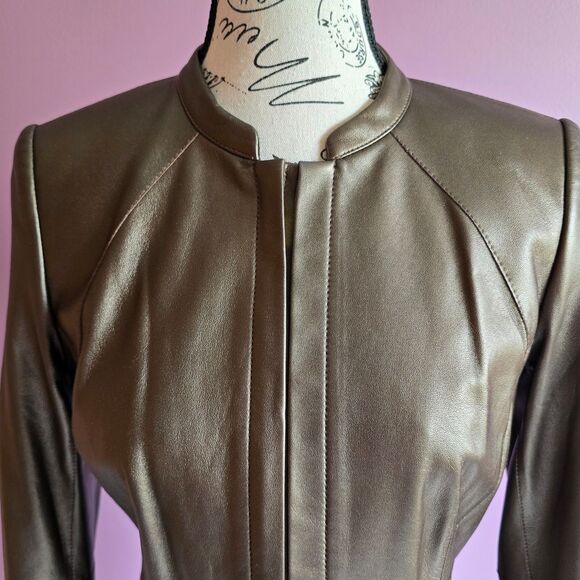 Lafayette 148 New York genuine leather brown full zip jacket blazer Sz4 - Picture 6 of 11